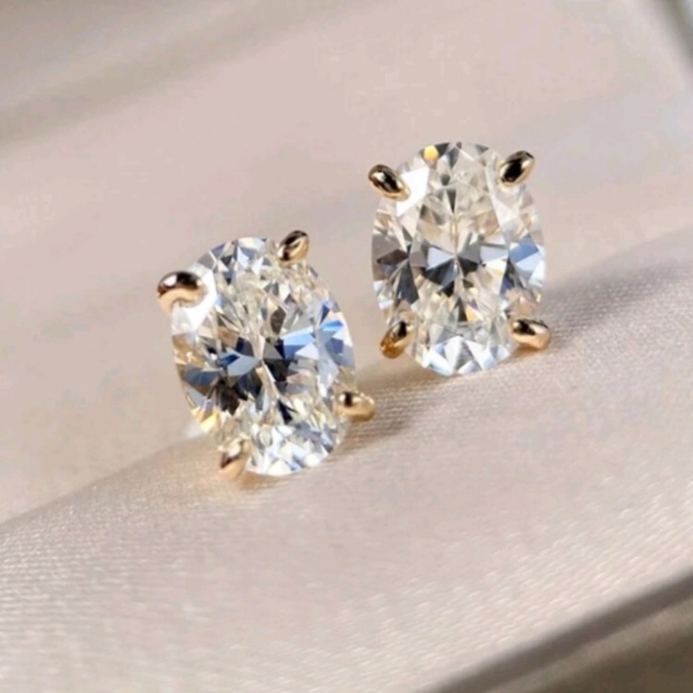 NEW! 14K Gold Plated 2ct Oval Diamond Solitaire Stud Earrings